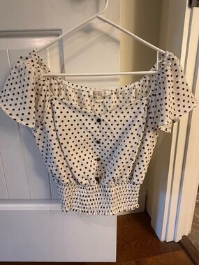 Polka Dot Smocked Waist Off-Shoulder Top - Brown Dots Monteau Los Angeles Large